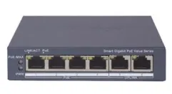 Switch Gigabit PoE+, administrable, 4 Puertos 1000 Mbps PoE+, más 2 Puertos 1000 Mbps Uplink, modo extendido hasta 300 metros