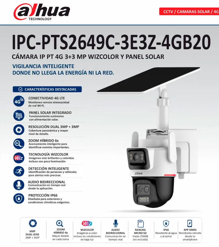[IPC-PTS2649C-3E3Z-4GB20] CAMARA IP PT 4G 3+3MP WIZCOLOR PANEL SOLAR